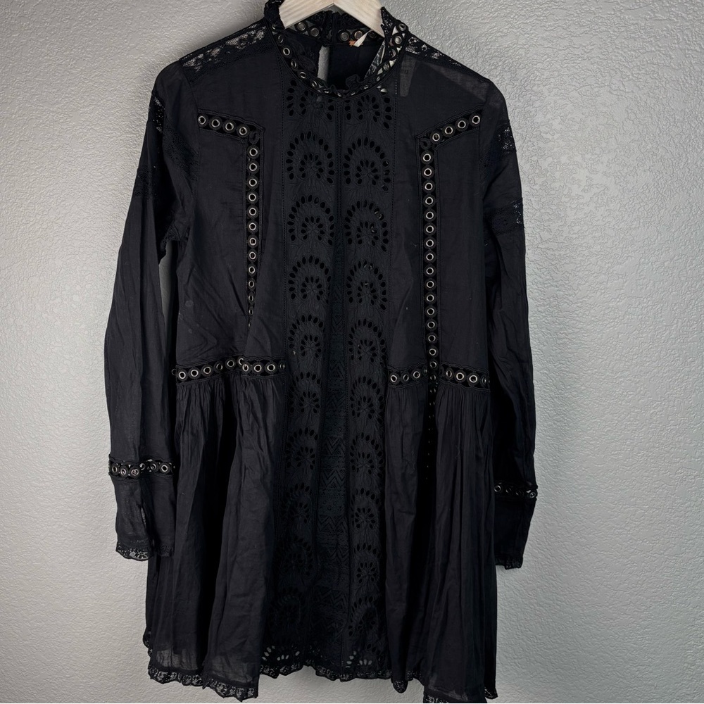 NWT Free People Women’s Black Eyelet Cutout Smock Neck Long Sleeve Dress, Medium - Picture 2 of 13